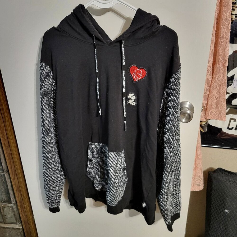 WOMANS KARL LAGERFELD PARIS TWEED PATCH HOODIE SZ XL